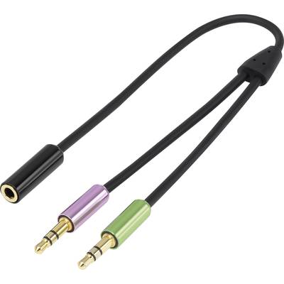 'Audio splitter with a 3.5mm jack plug and two sockets. One is green, the other purple, for headphones and microphone.'