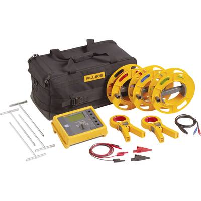 Electronic test device set with display, cable reels, clamp attachments and carry case, used for measuring electrical values.