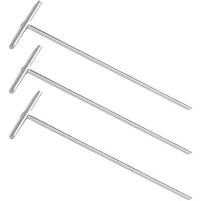 Three silver tent pegs in a T-shape, lying side by side. They are evenly arranged and display a uniform structure.
