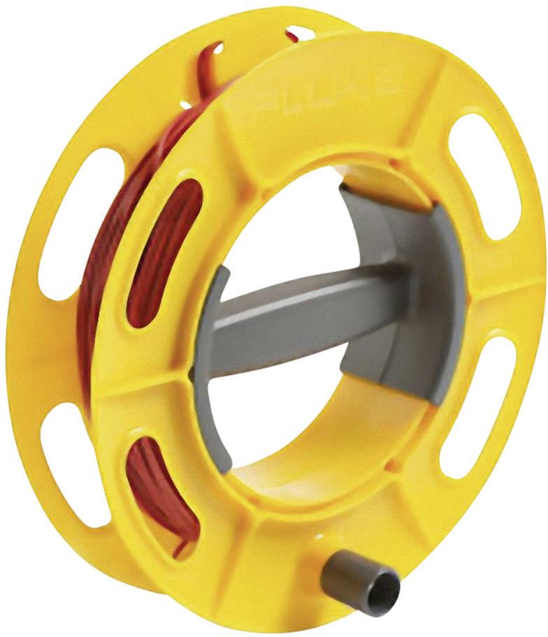 Fluke-branded cable reel in luminous yellow with red cable wound up.