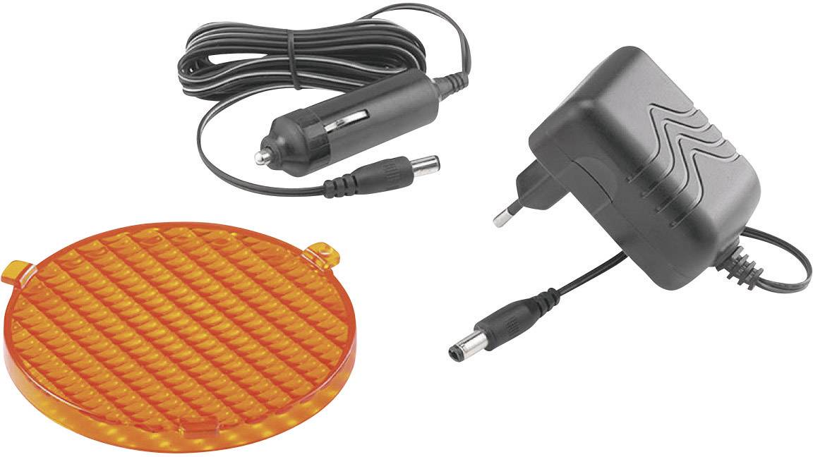 A red heating element with a 12-volt car adapter and a mains adapter with an EU plug.