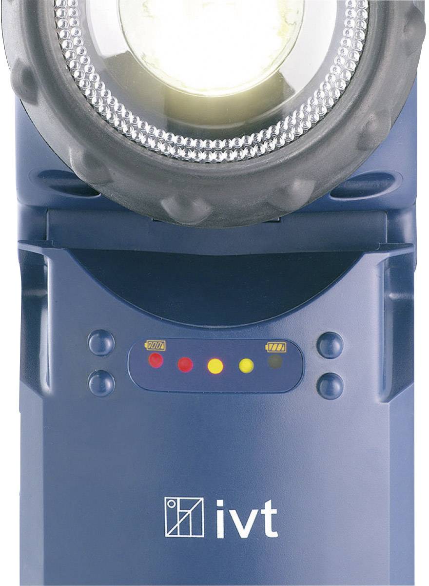 Blue portable LED light device with four indicator lights below: one green, one red, one yellow, and one red. 'ivt' logo visible.
