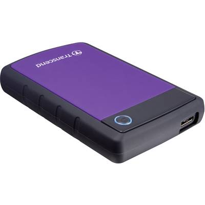External hard drive in purple and black, with the brand name 'Transcend' on the top surface, with USB port visible on the side.