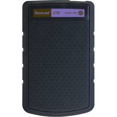 External hard drive with the label 'StoreJet 2TB', black, textured surface.