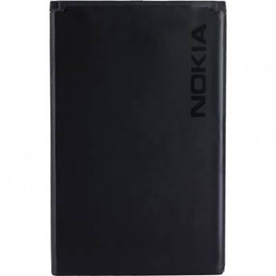 A black Nokia battery is shown frontally, with a plain design lacking visible details or connections.