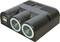A black car adapter with two cigarette lighter sockets and two USB ports for powering electronic devices.
