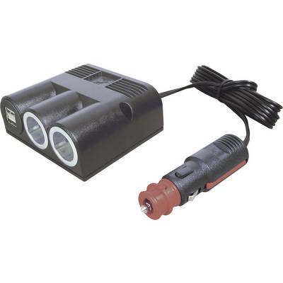 A car power distributor with two socket outlets and a USB port, connected to a 12V cigarette lighter plug.