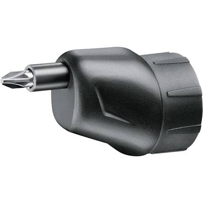 'Close-up of a black drill bit attachment for a cordless screwdriver, suitable for cross-head screws, with a knurled grip.'