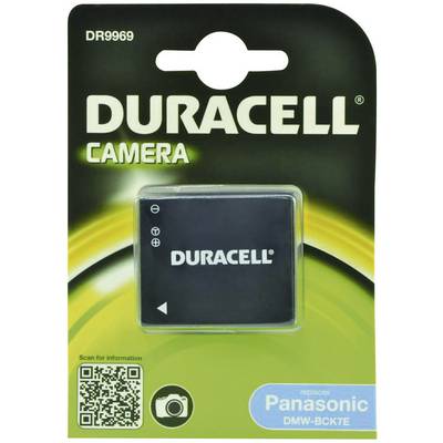 A Duracell camera battery pack with a QR code and a note indicating it replaces the Panasonic DMW-BCK7E.