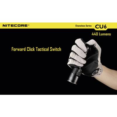 'Hand wearing a glove holding a Nitecore CU6 from the Chameleon series. Text: 440 Lumens, Forward Click Tactical Switch.'