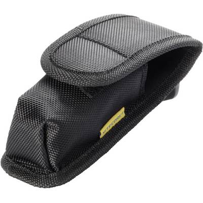 Black, textured torch holster with yellow logo label on the side, suitable for belt attachment.
