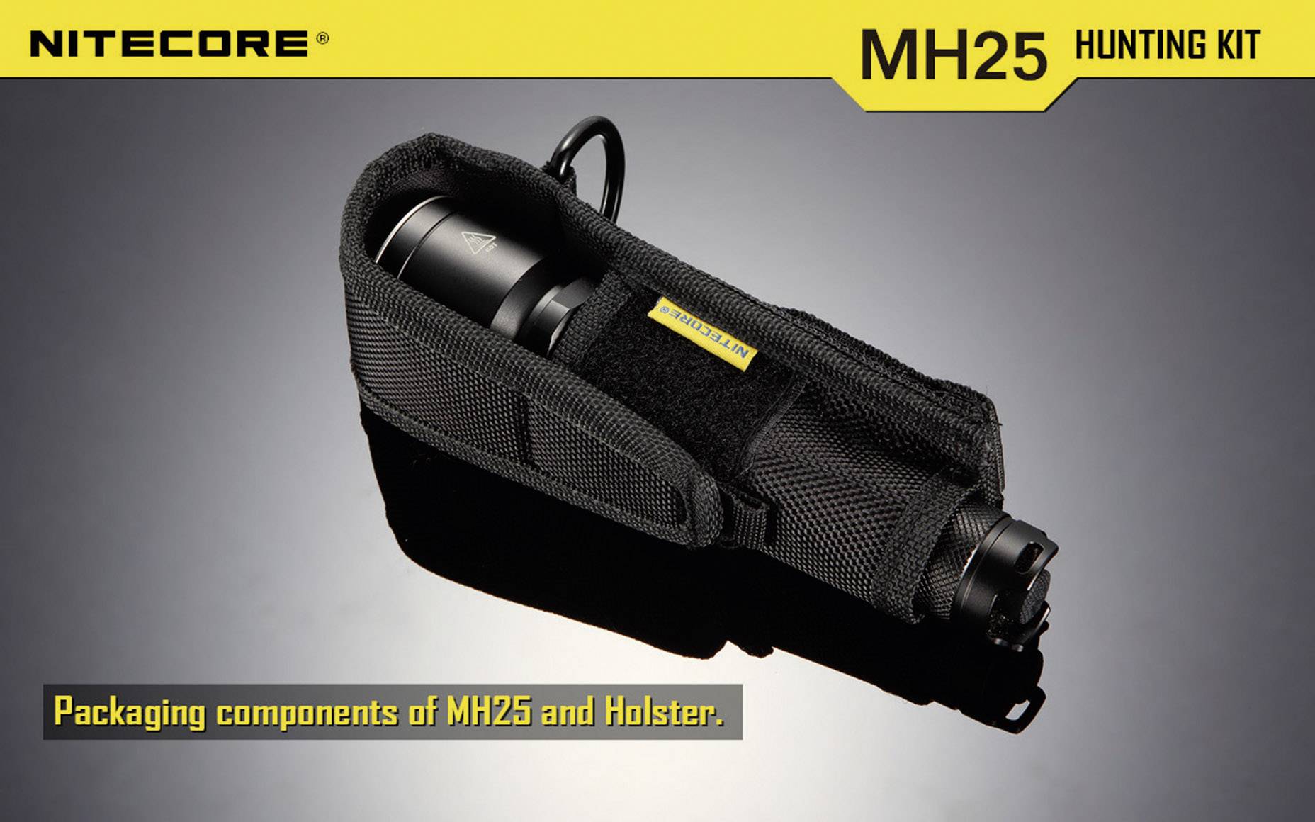 A torch set with a robust holster and torch, labelled as 'MH25 Hunting Kit' and 'Packaging components of MH25 and Holster'.