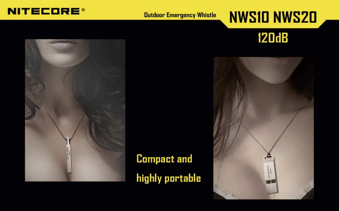 'Advertising image for NITECORE Outdoor Emergency Whistle NWS10/NWS20. Depicts female wearers, focusing on the compact, portable whistles.'