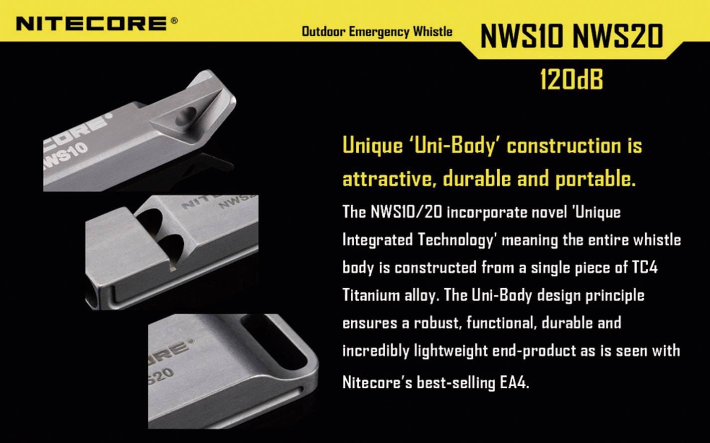 'Outdoor Emergency Whistle Nitecore NWS10 NWS20, 120dB. Unique "uni-body" construction, attractive, durable, portable.'