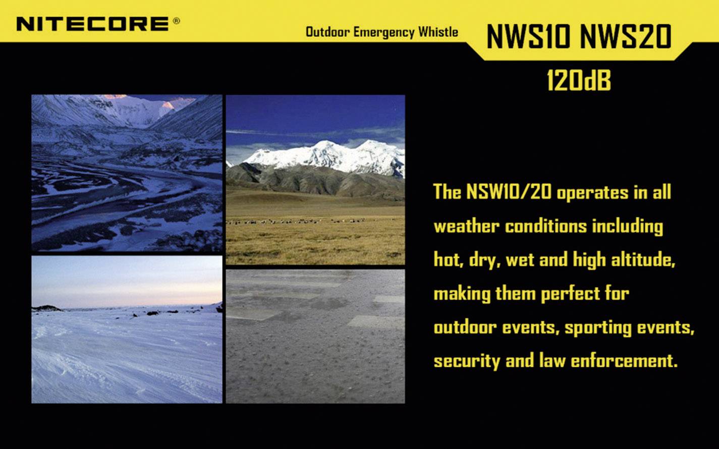 'Outdoor Emergency Whistle NWS10 NWS20 120dB' with images of landscapes in various weather conditions and text: 'Operational in all weather conditions, ideal for outdoor activities, sporting events, safety and law enforcement.'