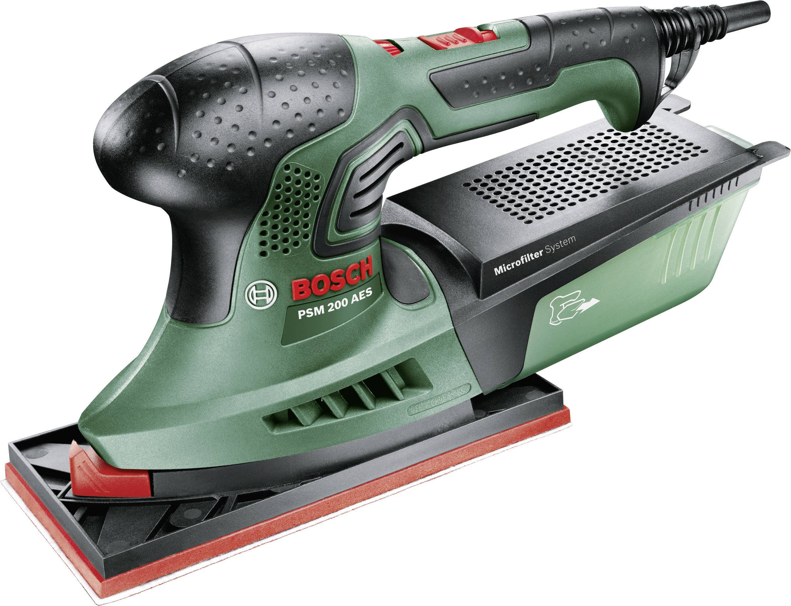 Green Bosch Multi-Sander, Model PSM 200 AES, with red switch and removable filter container. Suitable for woodworking.