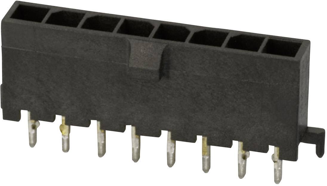 Black plastic connector with eight metal pins, side view. Suitable for connecting electronic components.