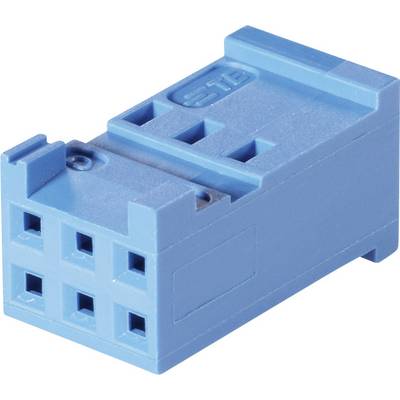 Blue plastic plug with six connection openings, rectangular shape, commonly used in electronic connections.