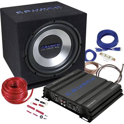 Subwoofer Set with Amplifier, Cables and Accessories. Contains a large speaker in a black enclosure and an amplifier. Ideal for Car Audio Systems.