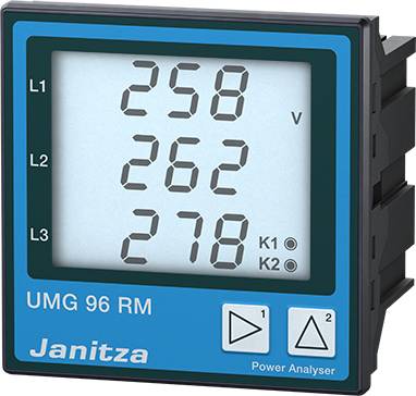A digital measuring instrument displays electrical voltages for L1, L2 and L3 with values: 258 V, 262 V, 278 V. Text: 'UMG 96 RM'.
