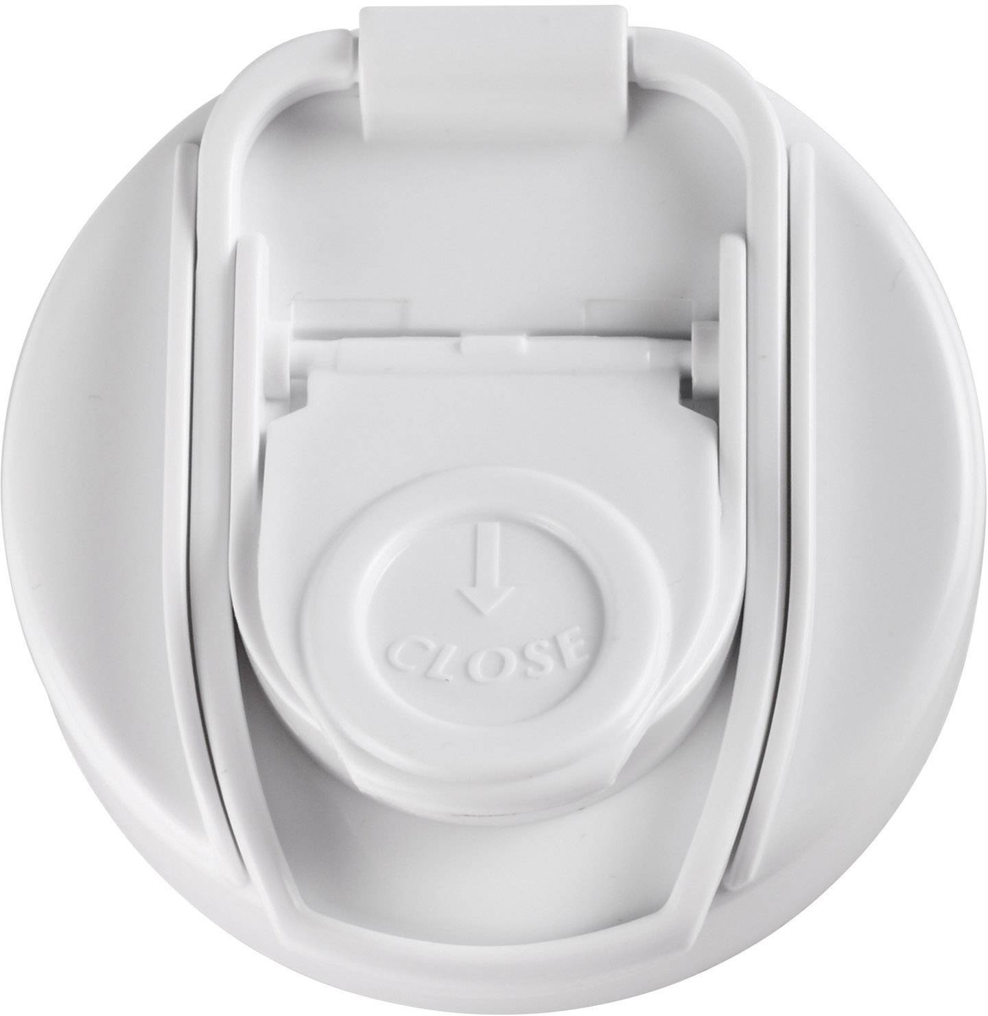 Round, white safety lock for child safety, with sliding mechanism and 'CLOSE' label for locking.