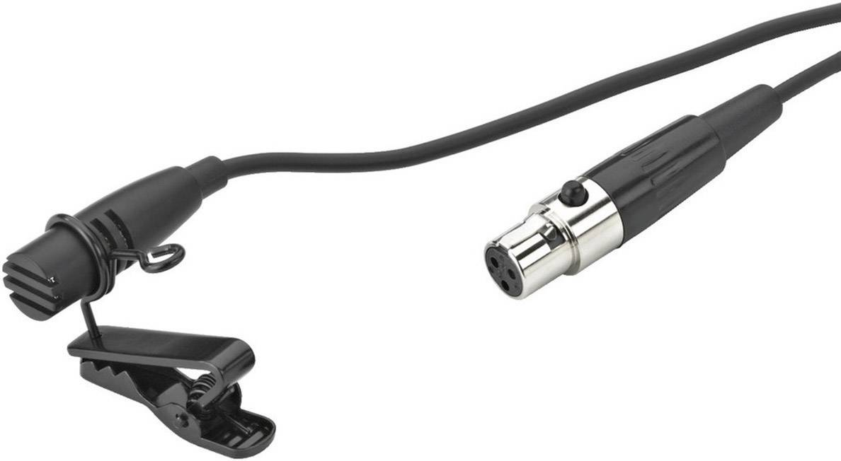 A black lavalier microphone with clip is attached to an XLR cable.