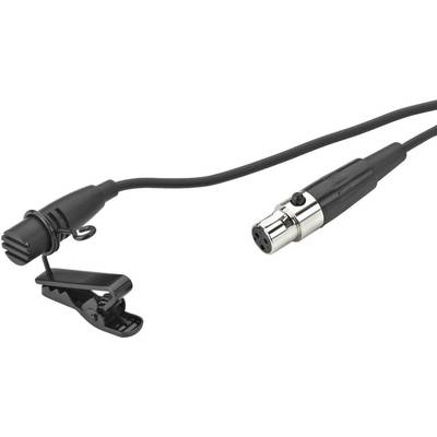 A black lavalier microphone with clip is attached to an XLR cable.