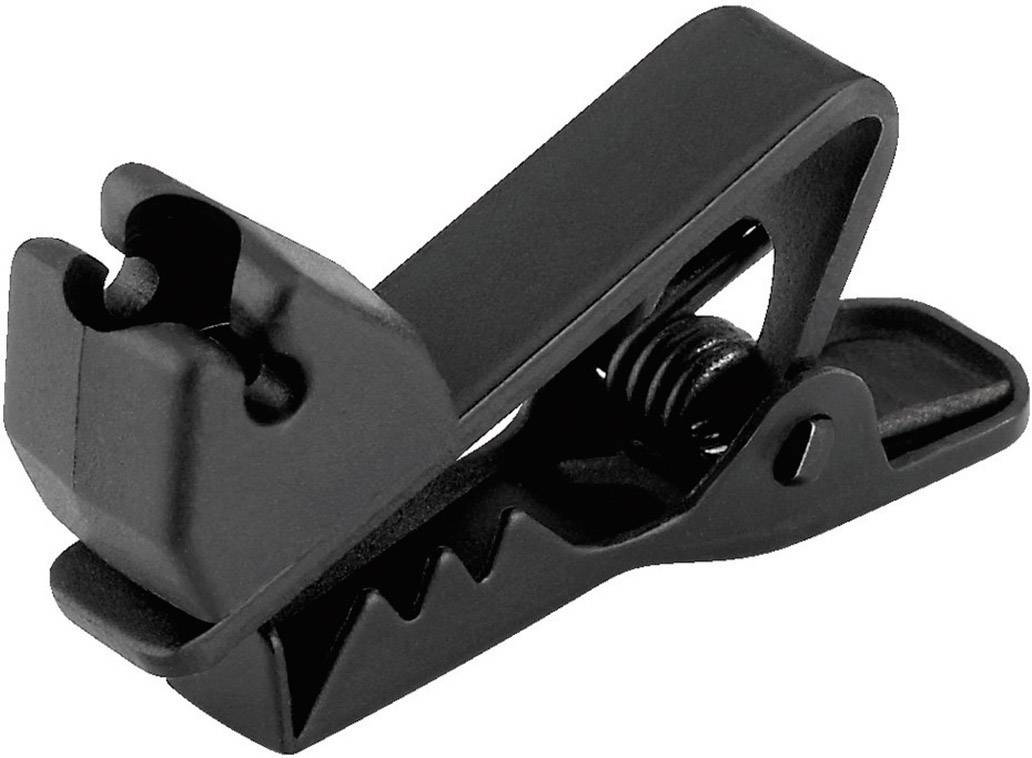 Black plastic clip with serrated handle and spring-loaded mechanism.
