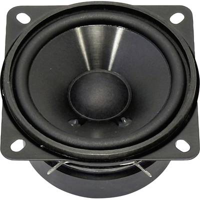 A black speaker with a square base plate and a round speaker membrane in the centre, viewed from above.