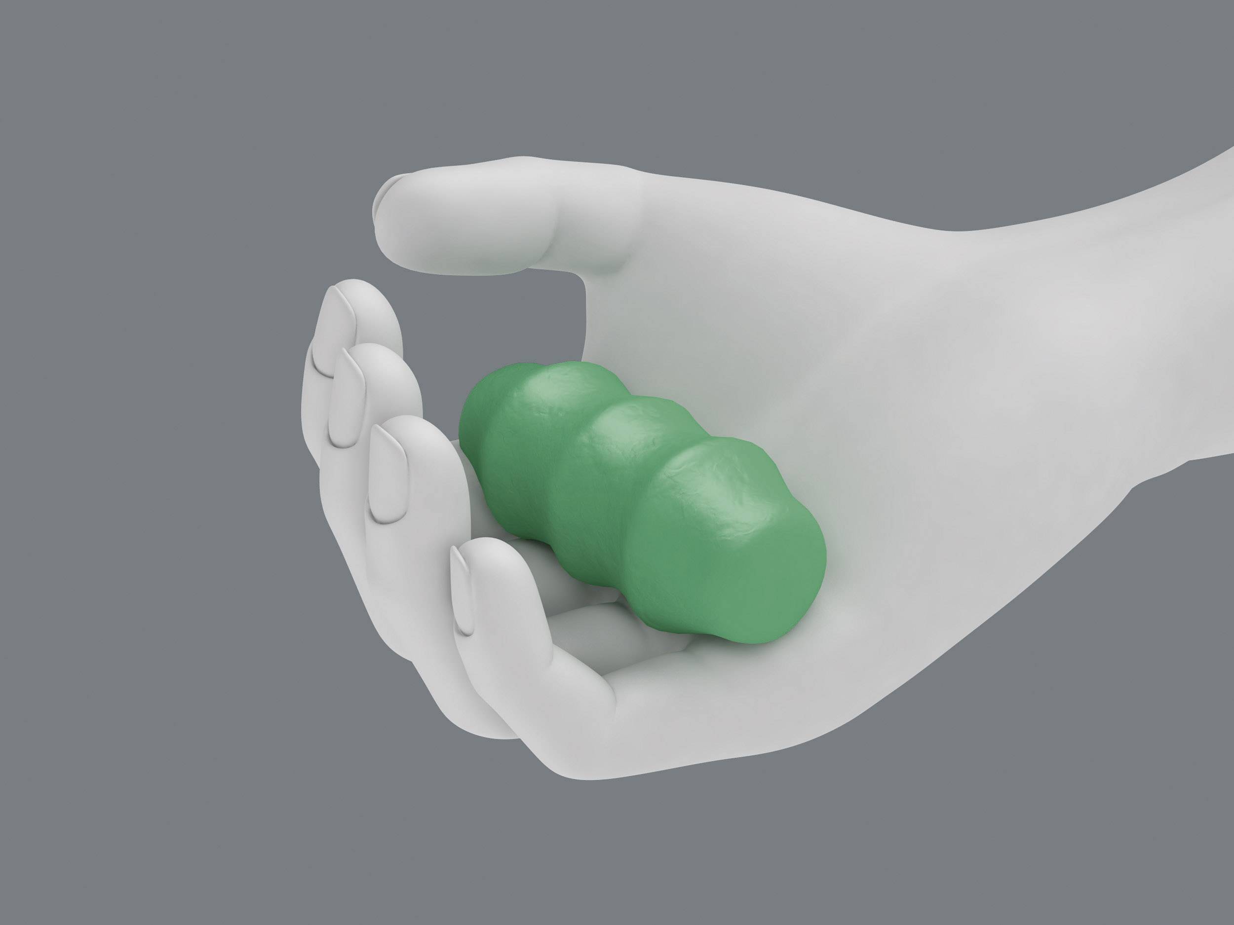 A white 3D hand is holding a small, green, wave-shaped object. The grey background prominently highlights the object.
