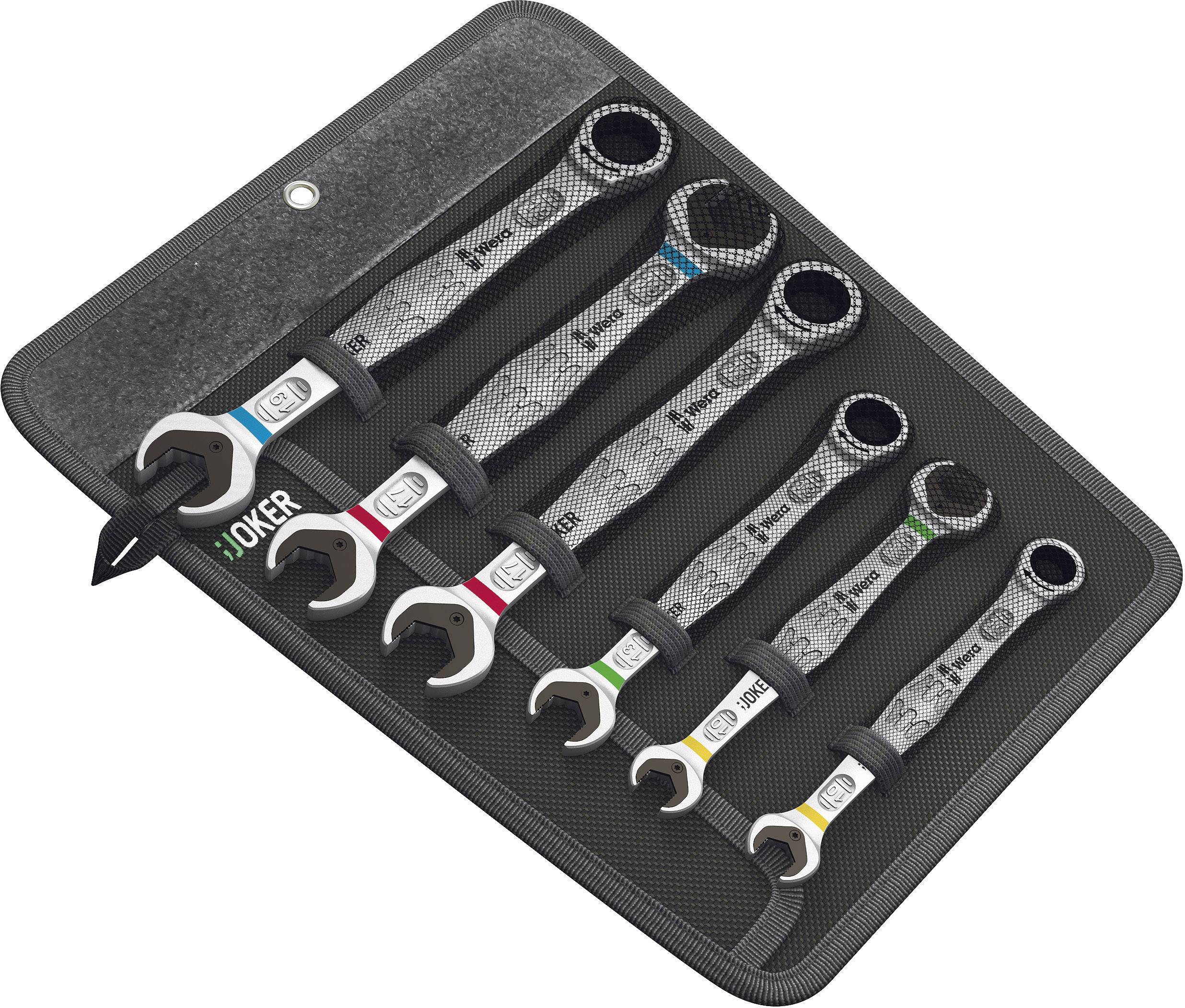 Six-piece ring spanner set in a black, folding case. Tools in various sizes, colour-coded for easier identification.