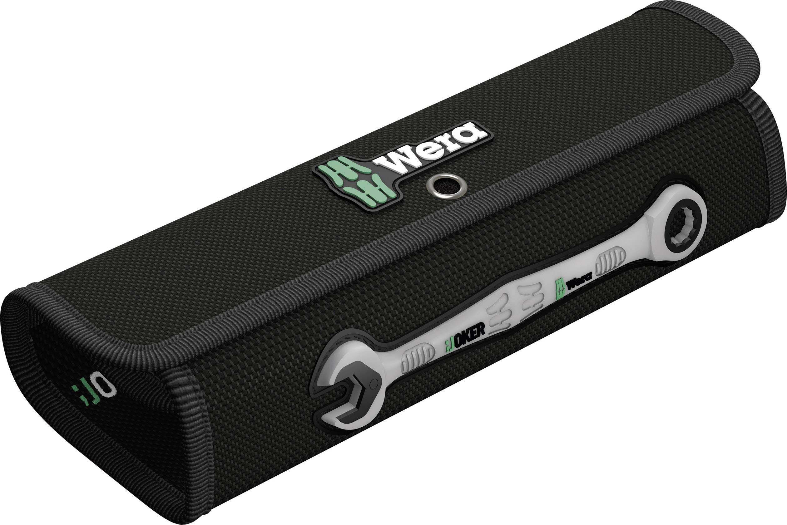 Wera tool bag, black, with printed spanner design and green-white logo. Contains practical tools.