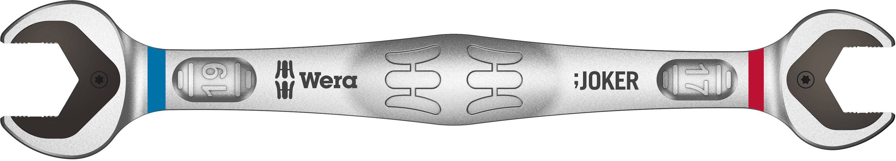 Open-ended double-headed spanner, brand name 'Wera Joker', silver with blue and red accents at the ends.
