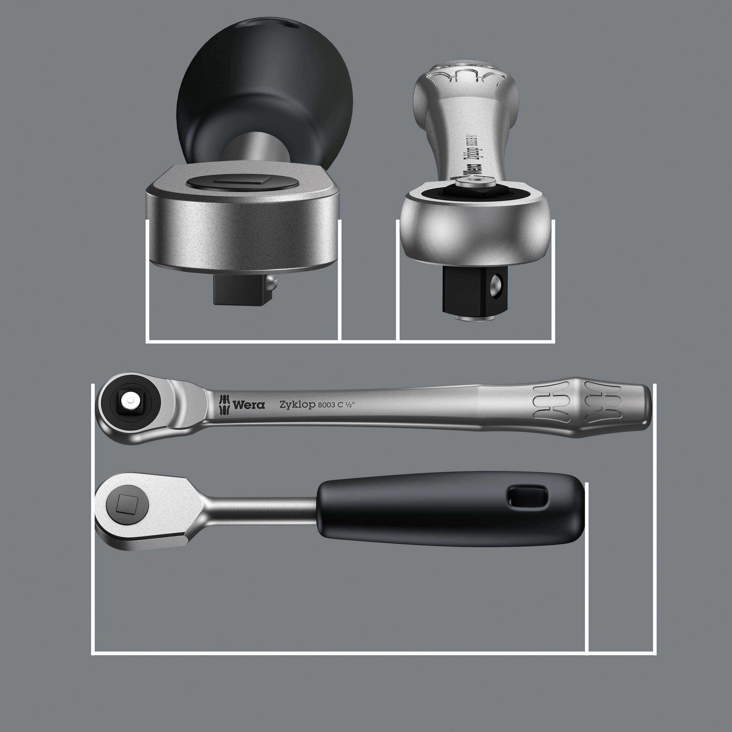 'Wera Zyklop' Ratchet with multiple views: Front view, top view, and side profile. Silver-coloured ratchet with black handle.