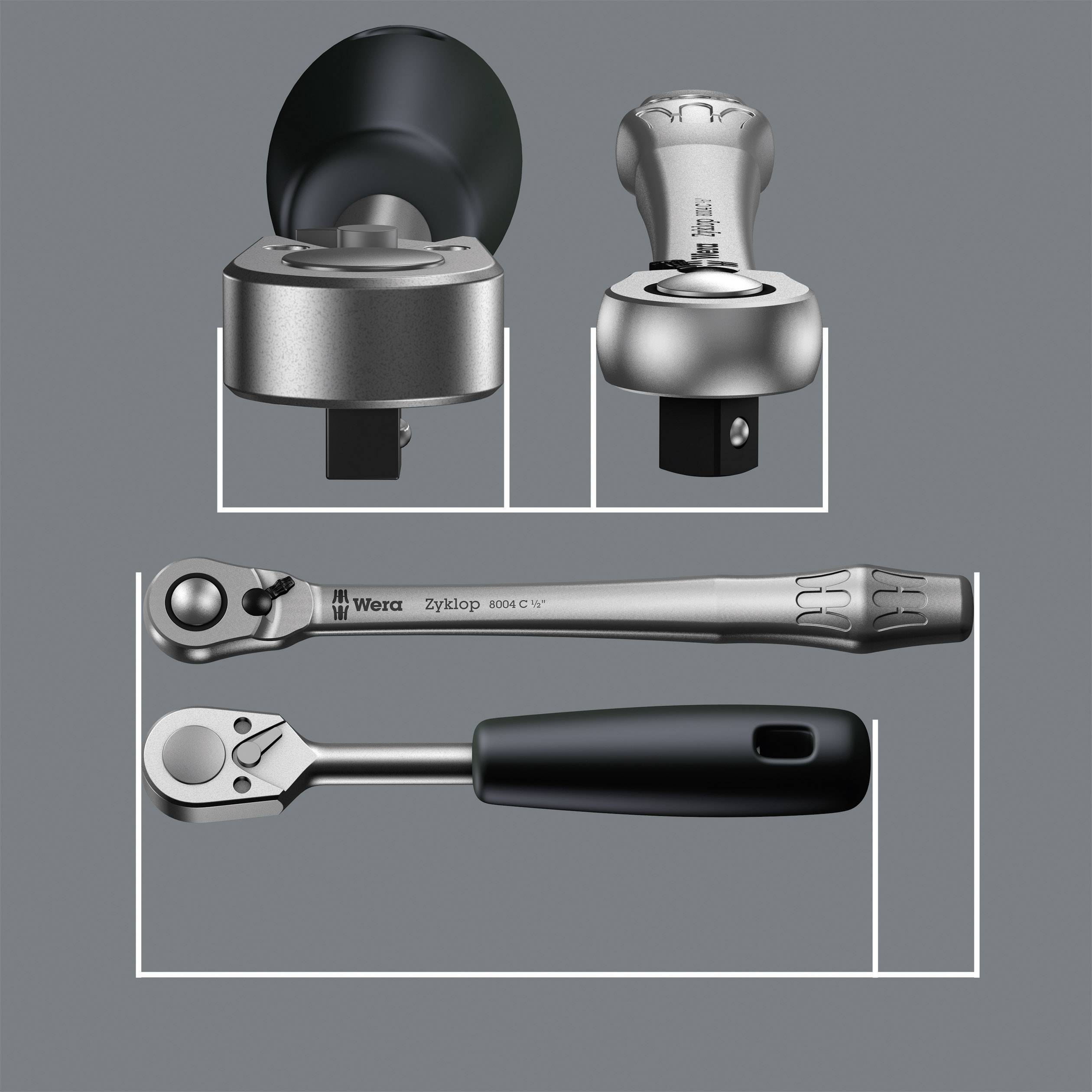Four tools, including screwdriver bits and ratchets with handles. Two round heads on top, two elongated handles at the bottom.