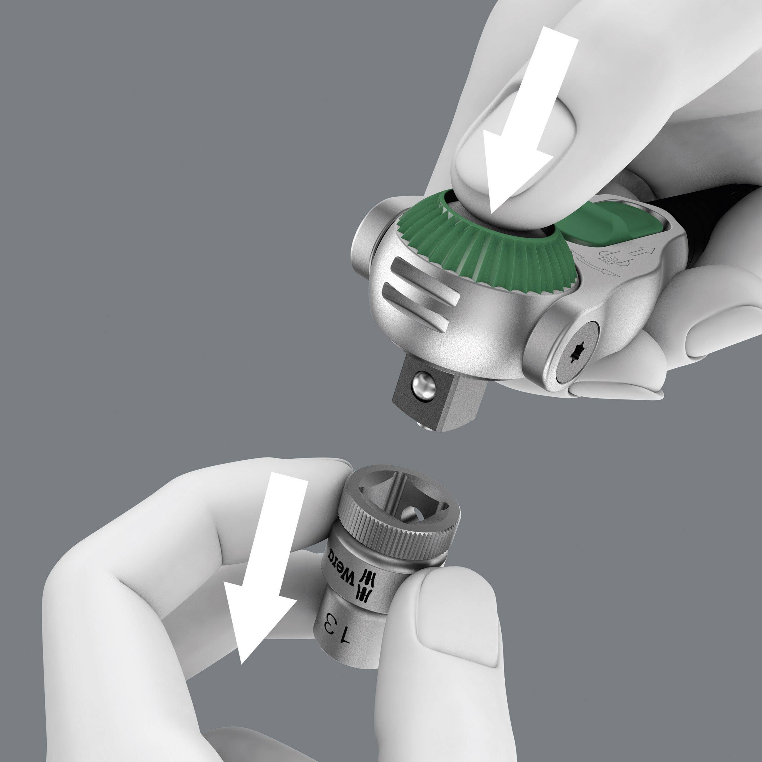 Two hands are adjusting an adjustable spanner. Arrows indicate the rotation direction for making adjustments.