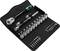 A tool set with a ratchet, various socket wrenches and bits in an open case, arranged by size and type.