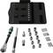 A ratchet socket set with extensions, nuts, and bits on a black holder with numbers ranging from 10 to 19.