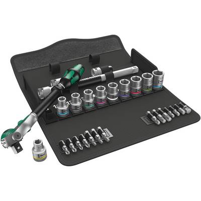 A ratchet socket set with extensions and various socket sizes, organised in an open, black carry case.