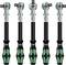 Five ratchets with ergonomic handles in green and black colours from the Wera brand, standing side by side.