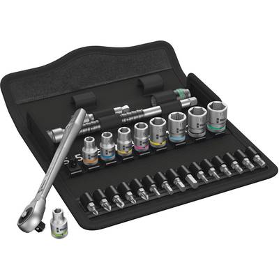 A set of socket wrenches in an open case with multiple sockets and screwdrivers. The tools are marked in different colours.