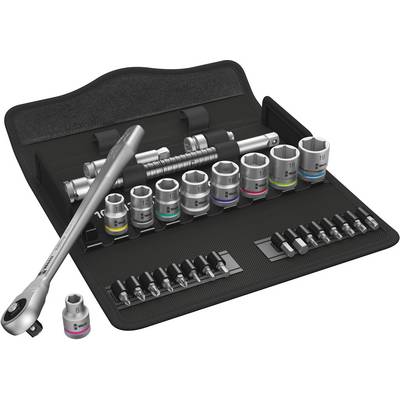 A ratchet socket set with various socket sizes and bits, arranged in a black case. Multiple sizes and colours for easy differentiation.