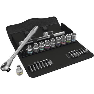 A socket set with various nuts and a torque wrench. The sockets are sorted by size and colour.