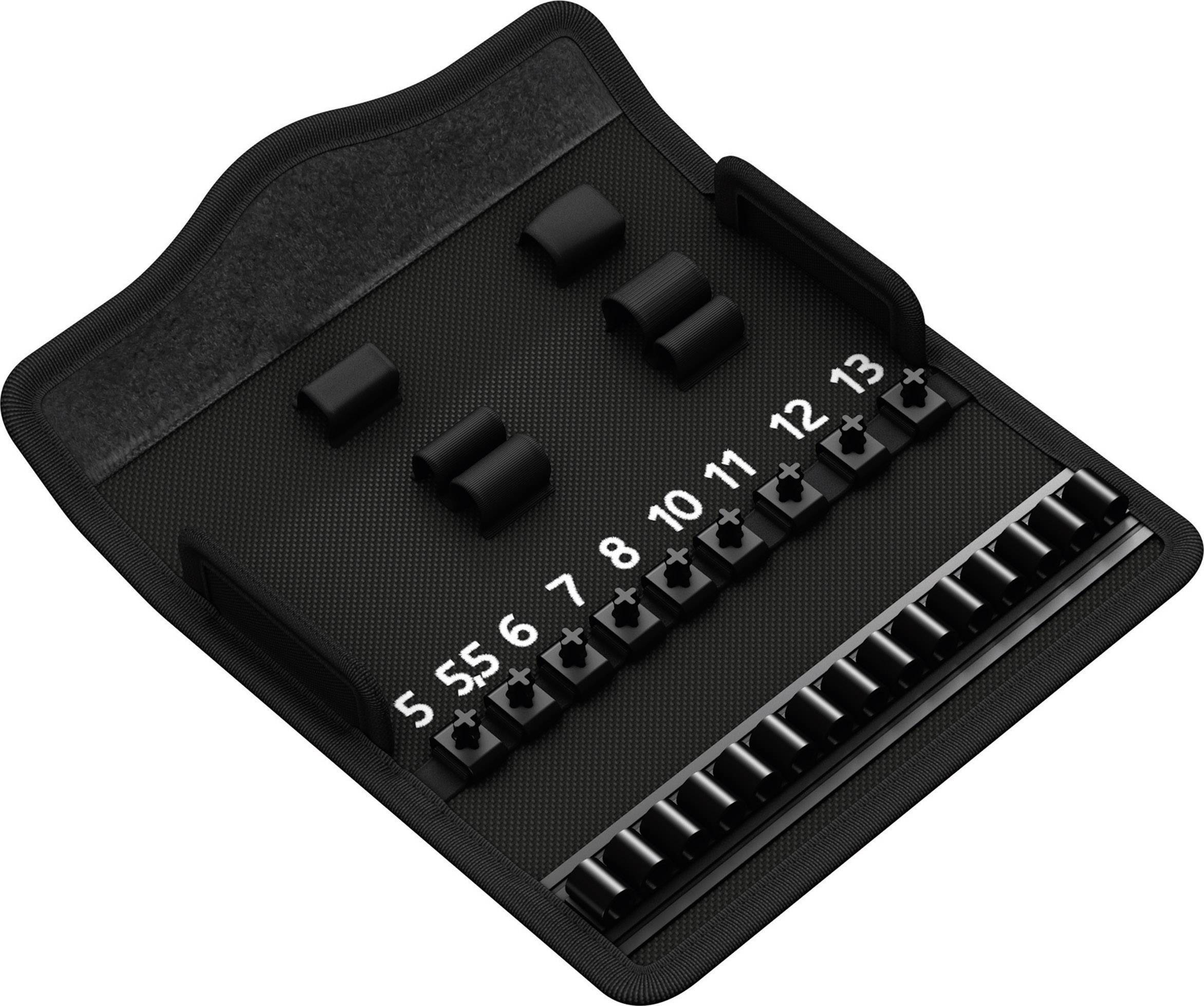 An open case with twelve pins, numbered from 5 to 13, and several holes for storing tools.