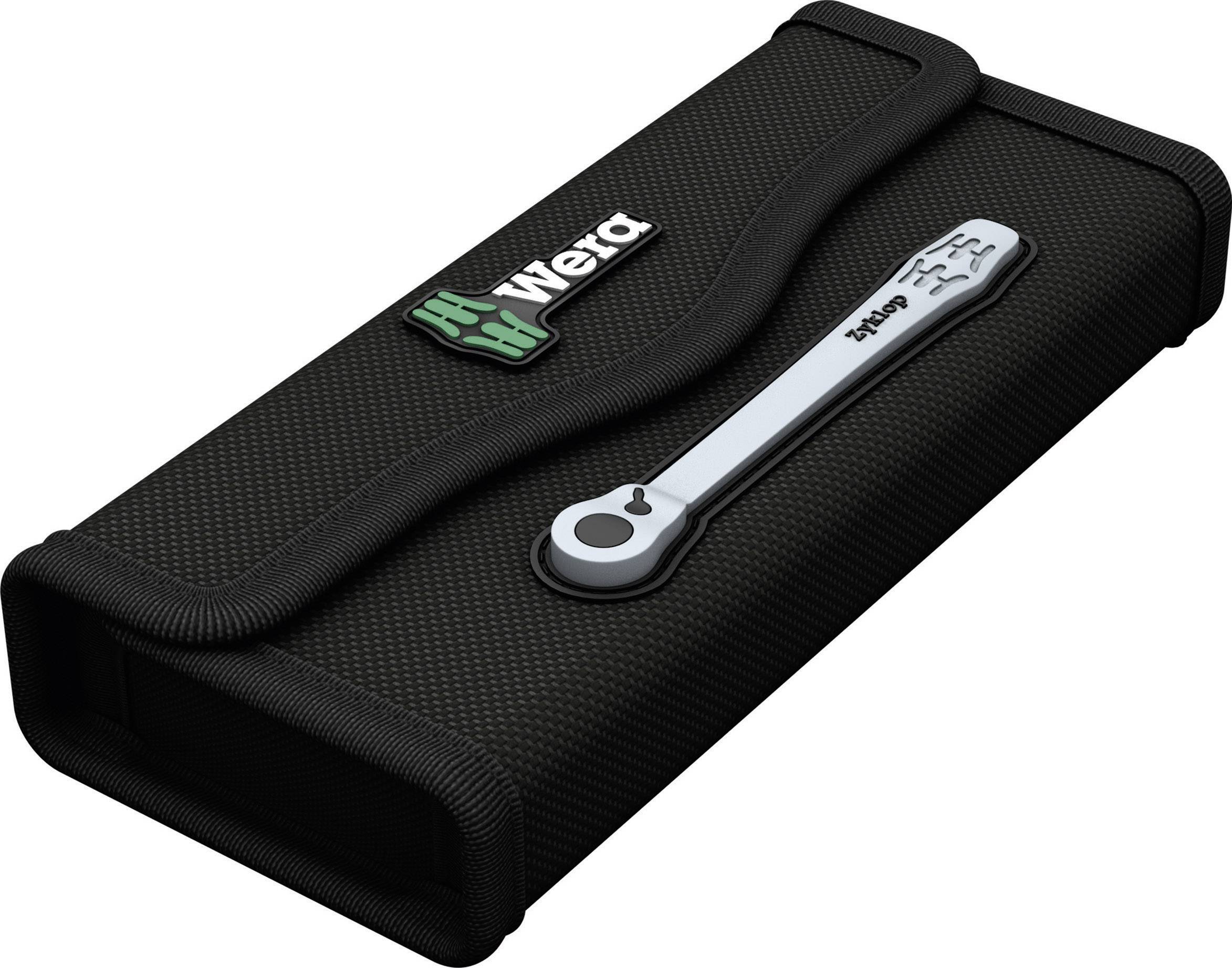 'Black tool bag with green logo and a white spanner on the front.'