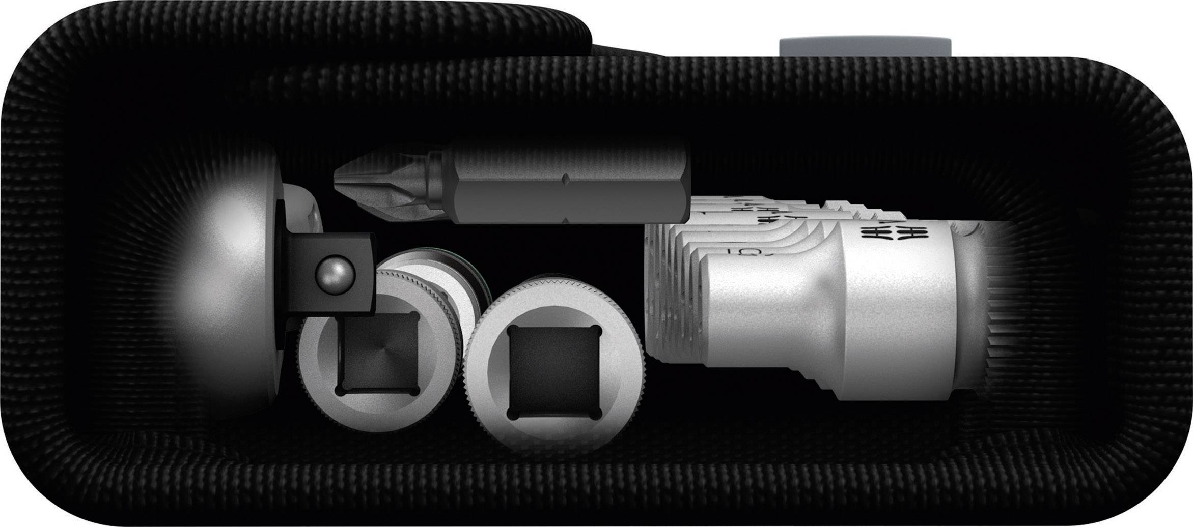 A tool set comprising various screwdriver heads and a torch, neatly arranged in a black box.