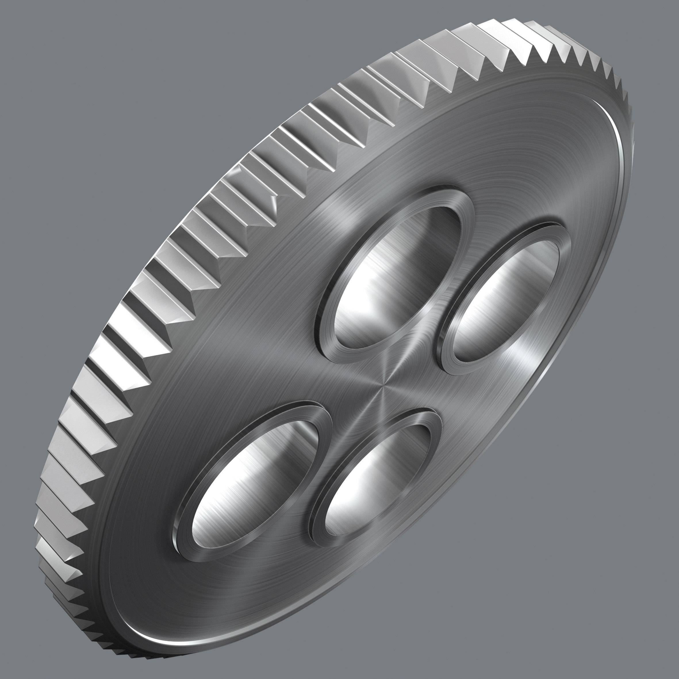 A metallic gear wheel with four circular recesses and serrated edges displayed against a grey background.