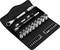 'Metal socket wrench set with ratchet, extension bars and various socket sizes, numbered from 10 to 19, in a case.'