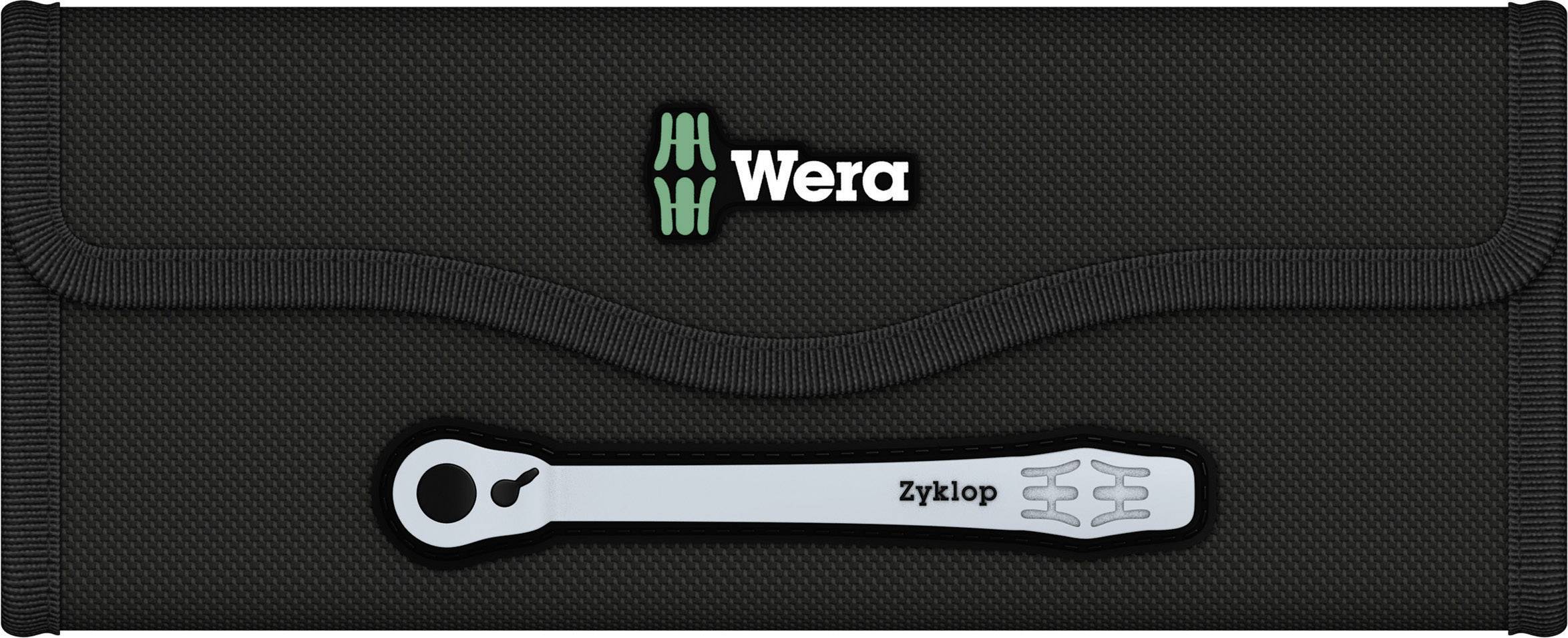 A Wera tool case with the inscription 'Zyklop' on a silver ratchet spanner, lying on a black case.