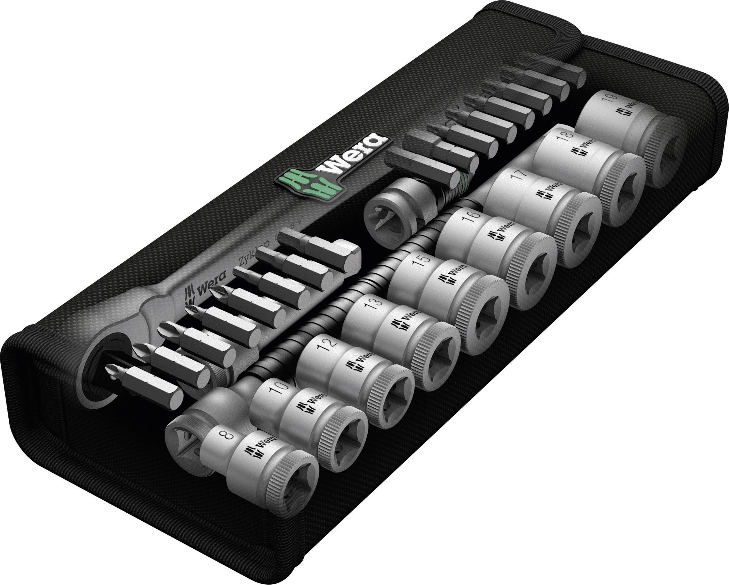 A set of white socket key inserts in various sizes, housed in a black case, with a brand logo on the top surface.